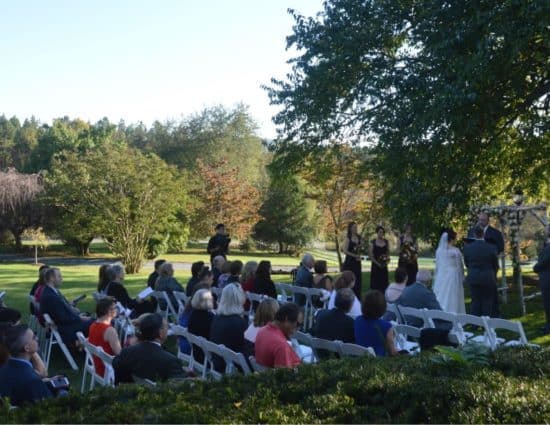 Wedding ceremony outside near large tree with bride in white dress and groom in gray suit