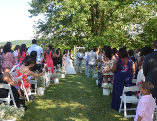 Wedding ceremony in front of large tree with green leaves with bride in white dress and groom in gray suit