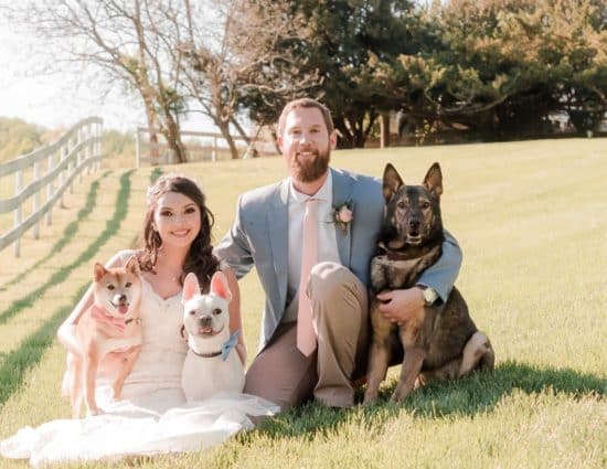 Bride with white dress and groom with gray and tan suit sitting in green grass with a light brown dog, white dog, and brown and tan dog