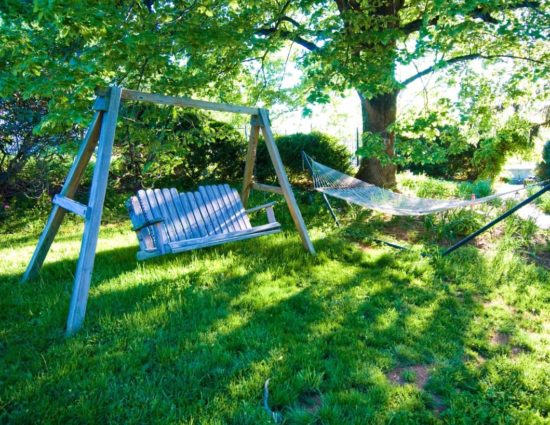 Wooden swing and hammock sitting in green grass under large tree with green leaves