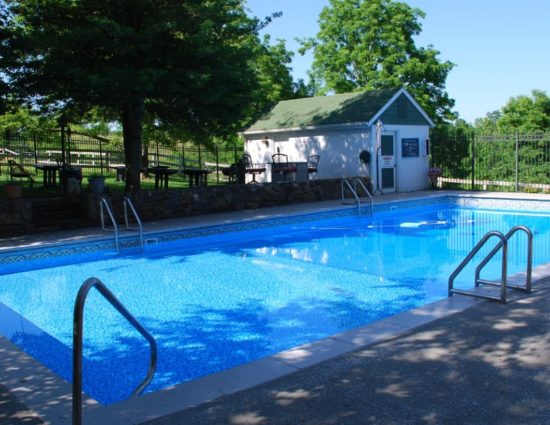 Large pool with clear water and blue and white mosaic tiled bottom