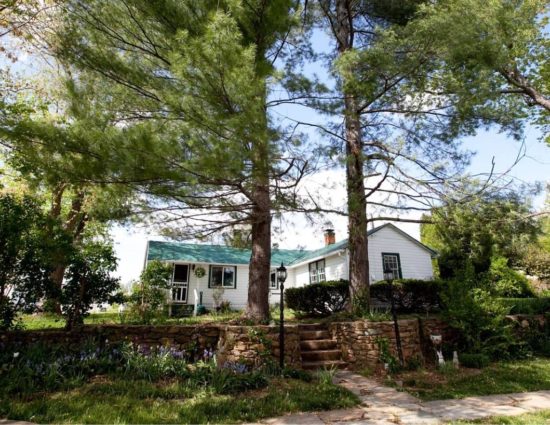 Cottage painted white with green roof surrounded by large trees, stone sidewalk, and purple flowers