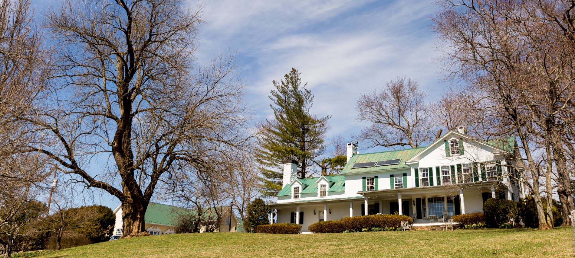 Exterior view of property painted white with dark shutters surrounded by a large green lawn and trees