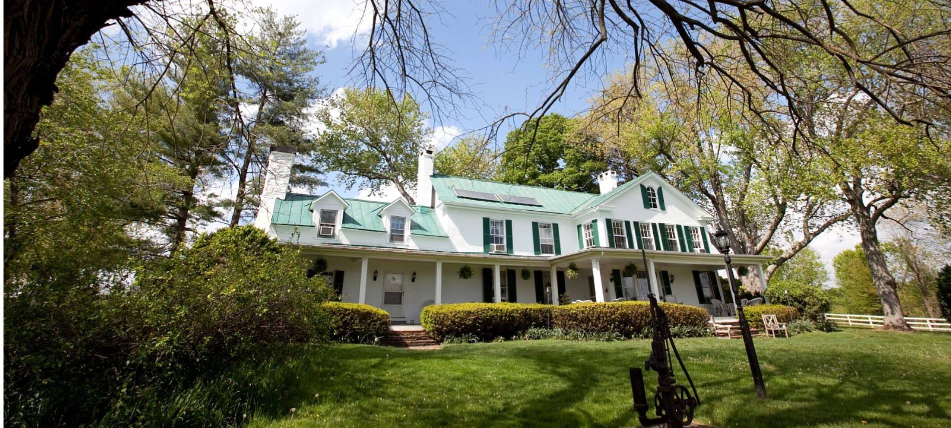 Exterior view of property painted white with dark shutters surrounded by a large green lawn, shrubs, and trees