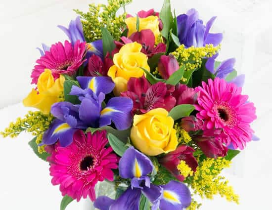 Large bouquet of pink, purple, and yellow flowers