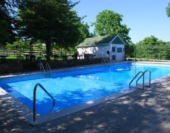 Large pool with clear water and green trees in the background