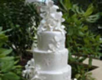 White wedding cake decorated with white flowers